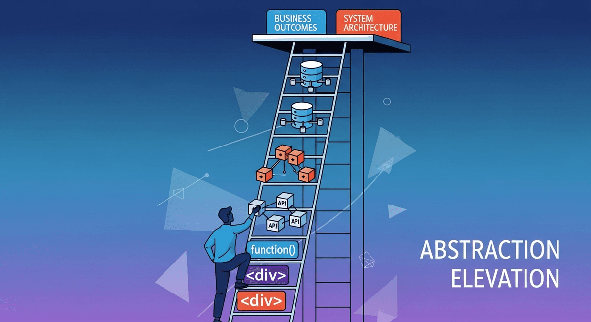 Conceptual illustration of a developer climbing a 'ladder of abstraction.' The bottom rungs are made of code symbols and syntax elements, middle rungs show API calls and functions, upper rungs display system architecture and data flow diagrams, and the top shows business outcomes and user value propositions. The developer is reaching toward the higher levels, symbolizing the evolution from implementation details to strategic thinking. Modern, clean design with a gradient from technical (bottom) to business-focused (top).