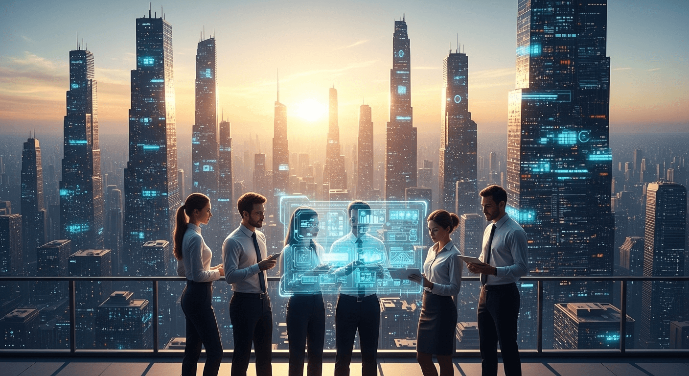 A hopeful, wide-angle cinematic shot of a diverse team of software architects standing on a balcony or elevated platform, looking out at a futuristic cityscape filled with glowing architectural blueprints and specification documents floating in the air like holograms. The team members are silhouetted against a bright, optimistic sky, representing the future of specification-driven development. The scene conveys vision, leadership, and the transformation of software development from hands-on coding to architectural planning.