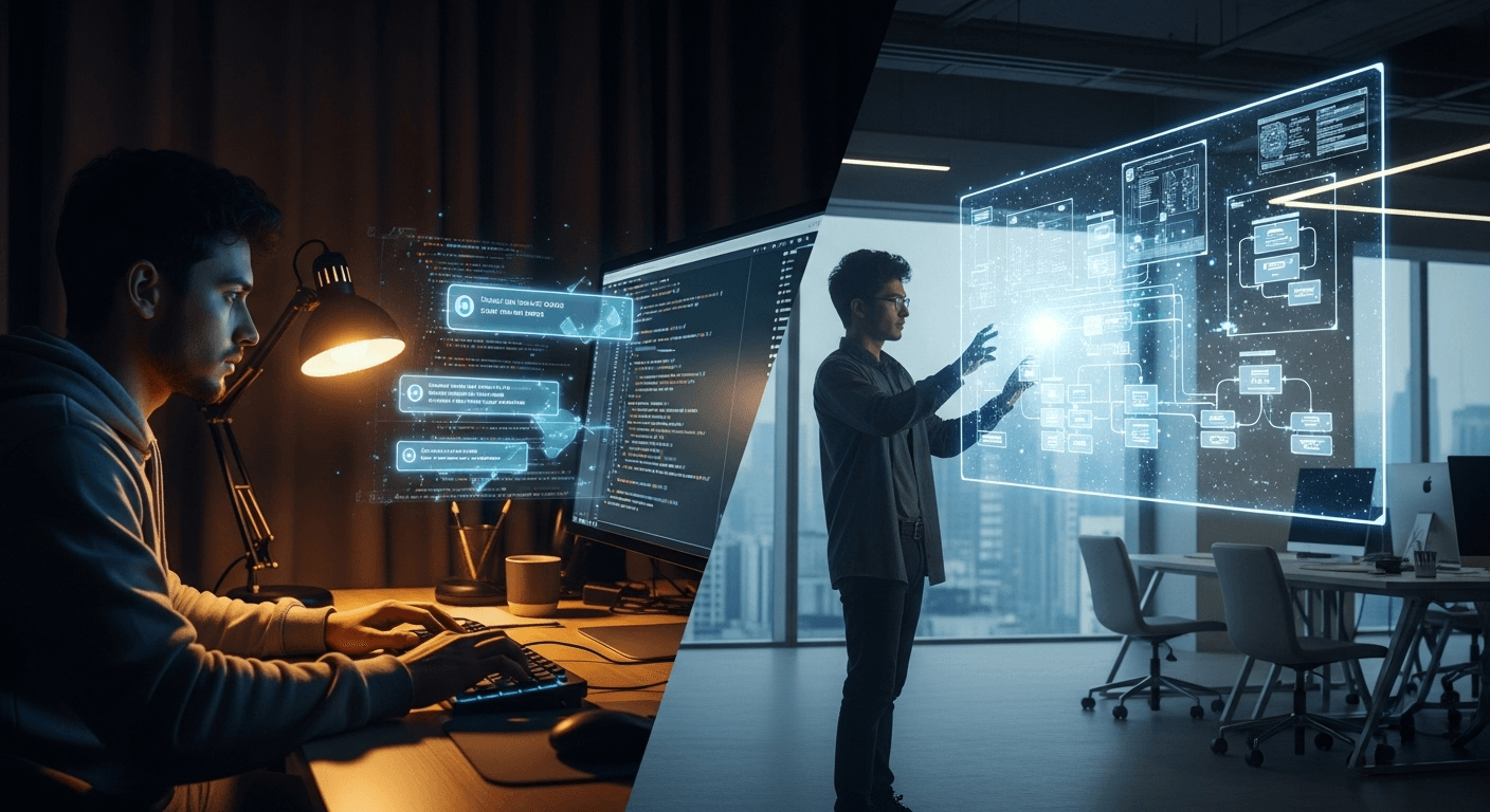 Cinematic hero image for a tech blog post. A split-screen visual metaphor. On the left, a focused developer works at their desk with code on multiple monitors. On the right, the same developer stands confidently as a project lead pointing at architectural diagrams on a whiteboard. The transition shows the evolution from hands-on coding to strategic planning. Modern tech office environment with warm lighting.