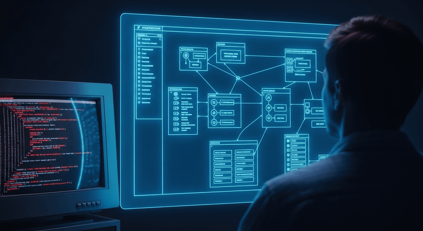 Photorealistic, dramatic shot from behind a developer. The developer is confidently looking at a large monitor displaying architectural diagrams, flowcharts, and system blueprints instead of code. The screen shows clean, professional architectural plans with boxes, arrows, and hierarchical structures. Warm office lighting creates a sense of authority and strategic thinking. The developer's posture suggests leadership and decision-making rather than hands-on coding.