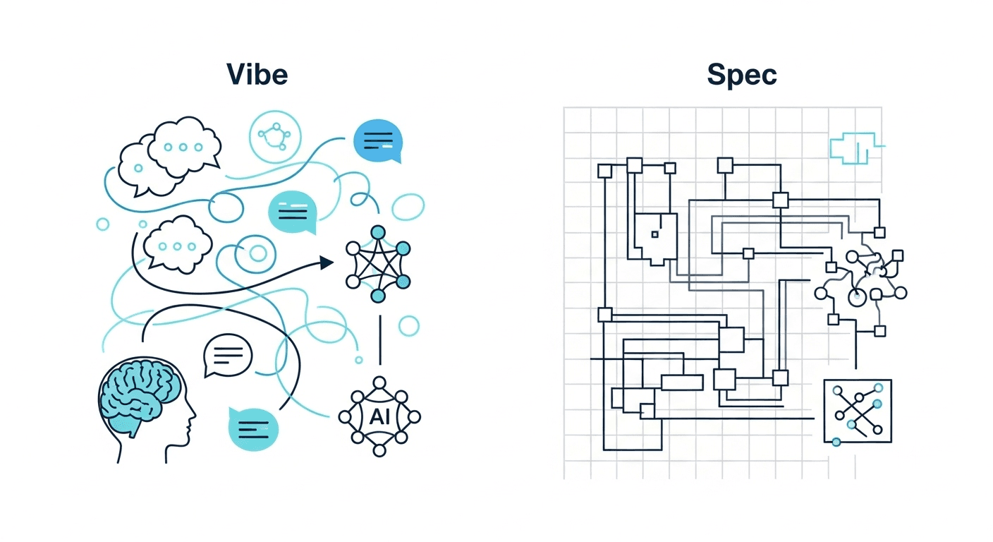 A clean, minimalist diptych illustration comparing two AI development workflows. Left panel titled 'Vibe' shows a developer in casual conversation with an AI assistant, with flowing, organic shapes and chat bubbles. Right panel titled 'Spec' shows a structured, formal process with documents, architectural diagrams, and step-by-step workflow arrows. Color scheme uses blues for Vibe and oranges for Spec.