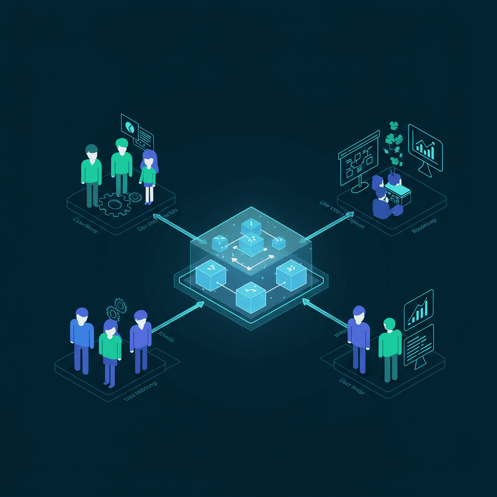 A central, clearly defined architectural diagram with clean boxes and arrows, with diverse stakeholders around it