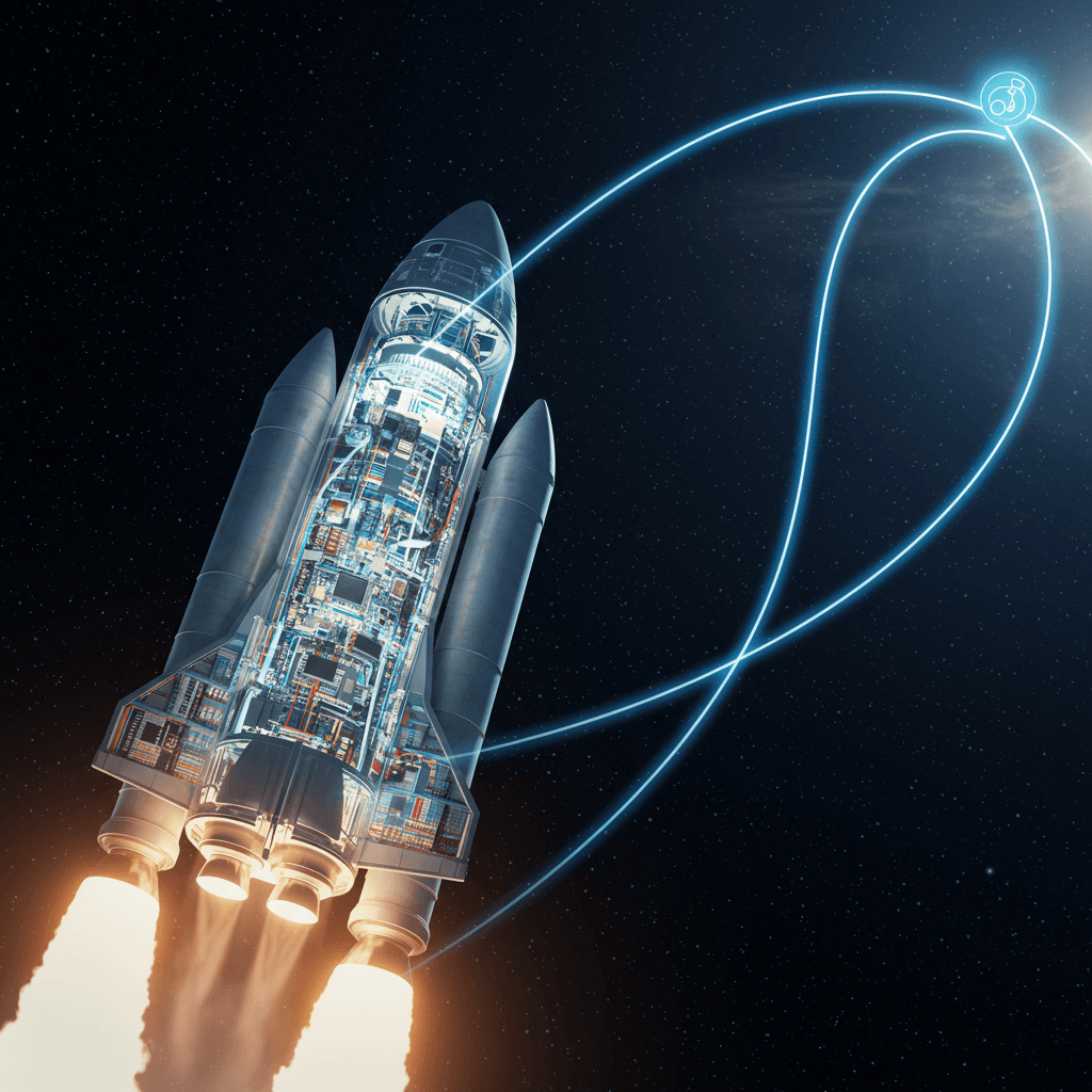 Inspirational futuristic scene: a sleek, powerful rocket poised for launch against a starry cosmic background