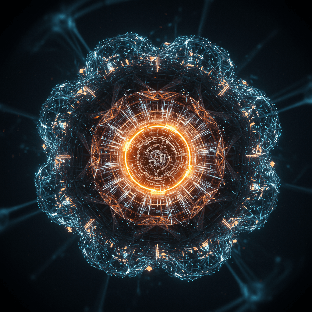 Conceptual digital art of a luminous, intricate engine composed of interconnected geometric shapes and glowing lines