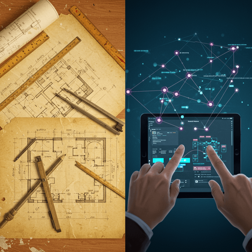 Split-screen visual: left side depicts a dusty, static, old-fashioned yellowed architectural blueprint, right side shows a vibrant, glowing 3D model