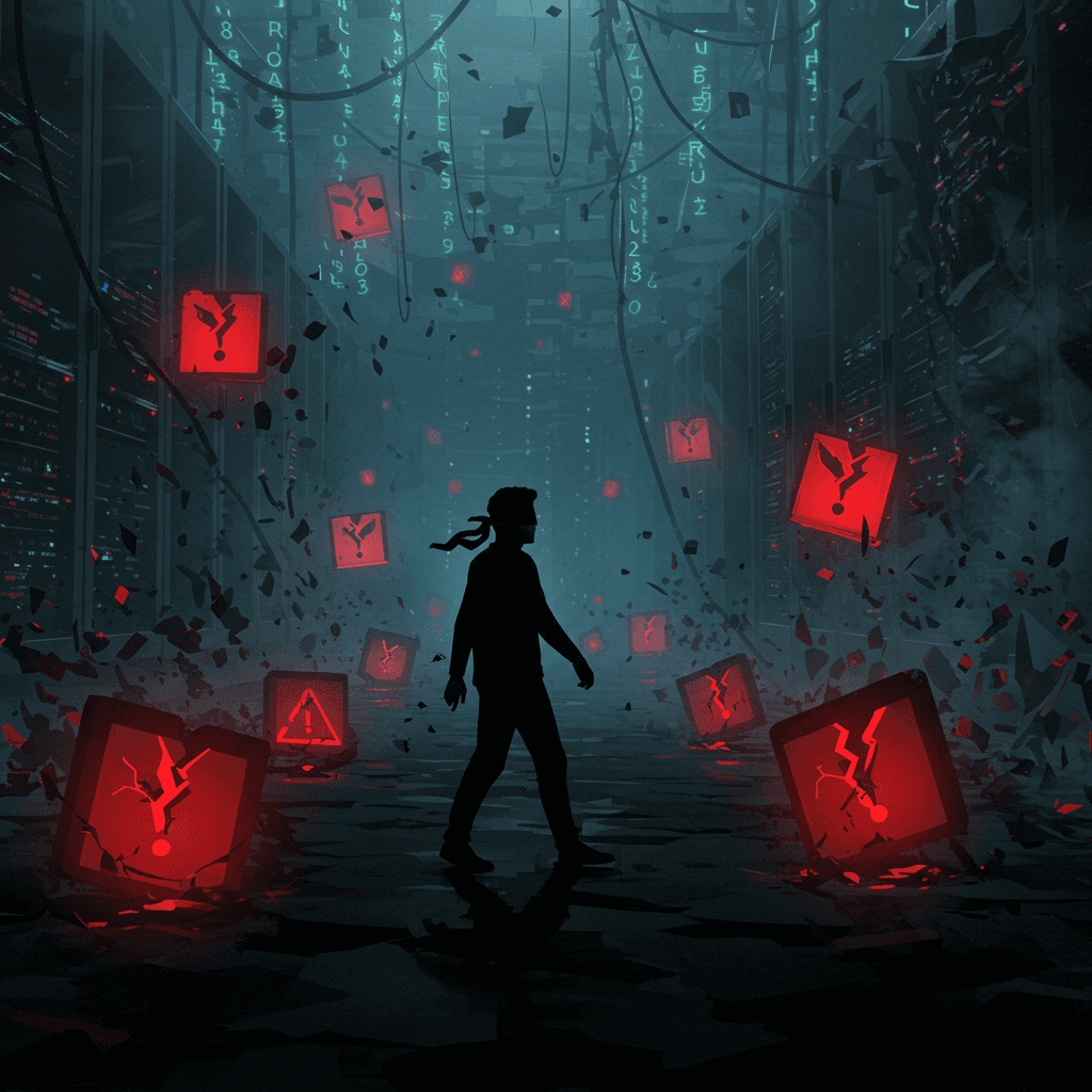 Dramatic digital painting of a silhouetted figure, blindfolded, cautiously navigating a dark, stylized minefield