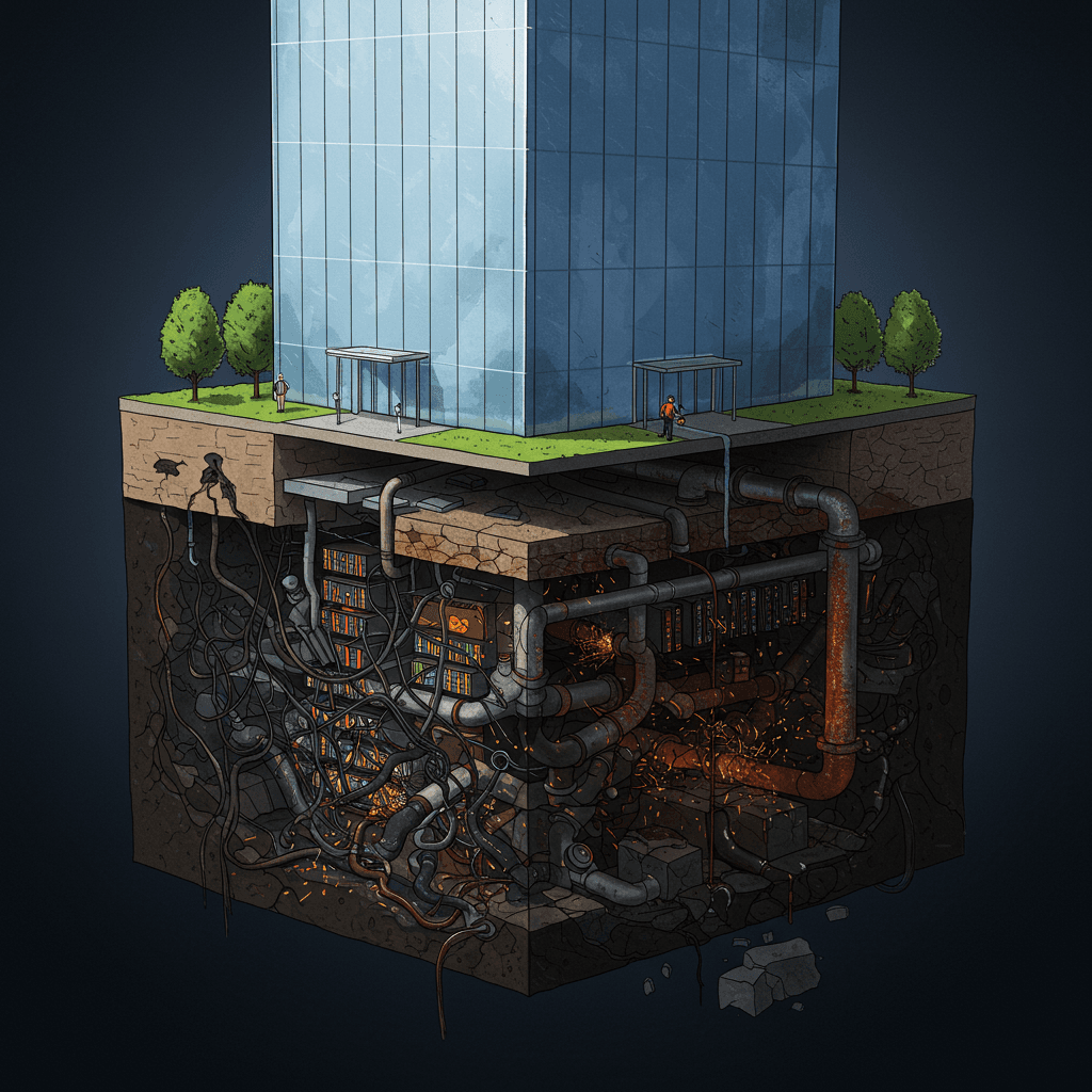 Metaphorical illustration: a sleek, modern glass skyscraper with a partial X-ray view revealing its foundation