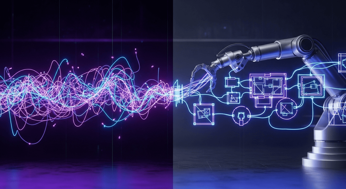 Conceptual hero illustration showing chaos on the left and a clear spec-to-code flow on the right
