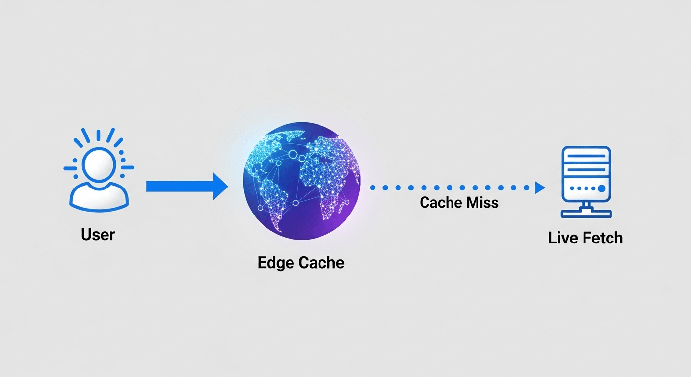 Minimalist flow diagram: user request hits global edge cache; if stale, service fetches live URL content