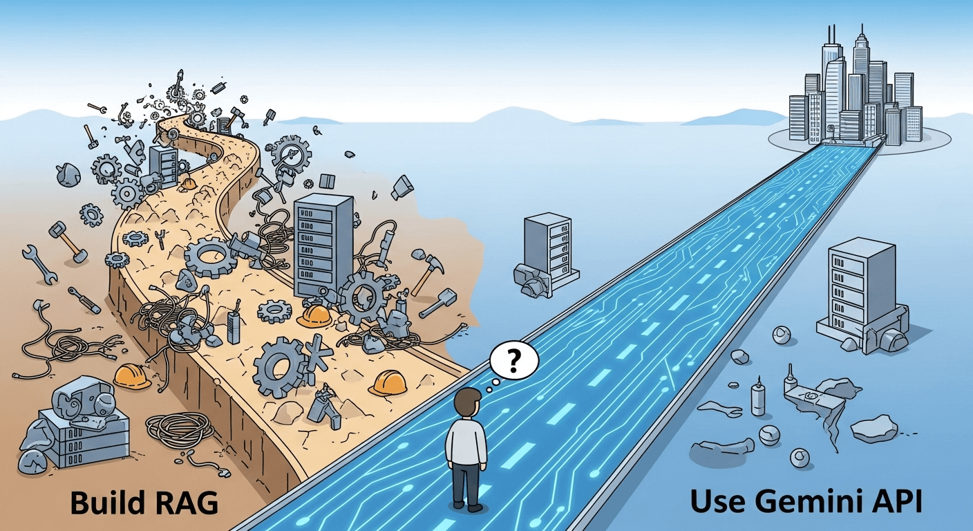 Stylized 3D forked path: one route labeled Build RAG (complex, heavy), the other Buy Managed API (fast, streamlined)