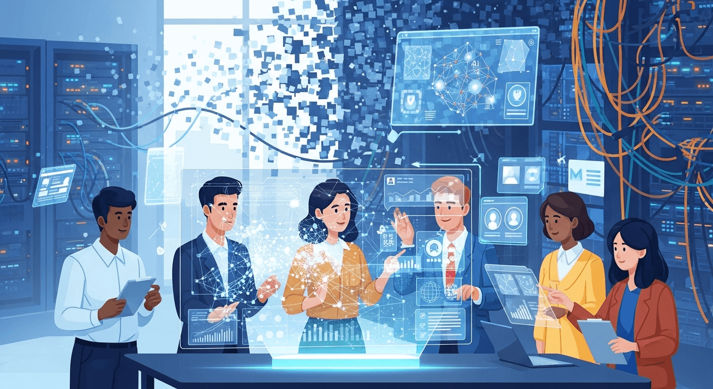 Optimistic diverse team collaborating around holographic AI architecture display, symbolizing accelerated intelligent development