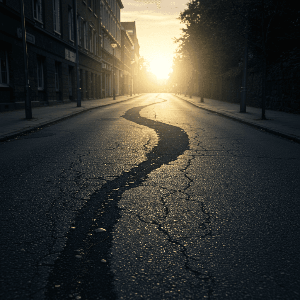 Symbolic image: A dark, cracked, urban street diverges into two paths. One path continues into shadows